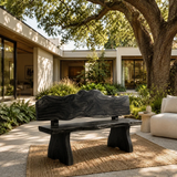 Luxury patio bench with flowing edges and artistic grain beside neutral outdoor seating