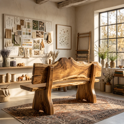 Modern rustic bench with an irregular backrest and thick seat in a sunlit courtyard