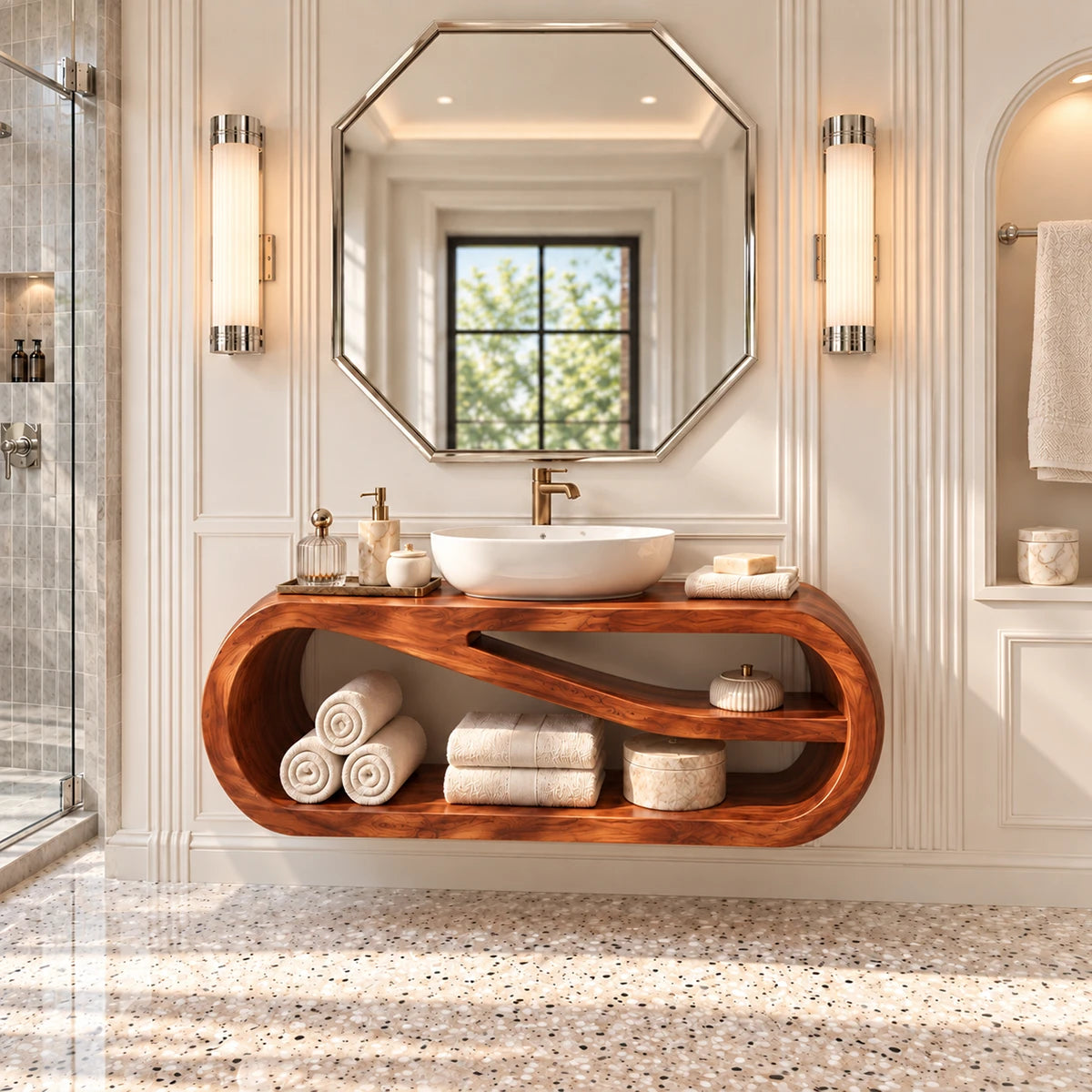 Minimalist bathroom vanity in natural solid wood with a smooth open shelf base design