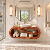 Minimalist bathroom vanity in natural solid wood with a smooth open shelf base design