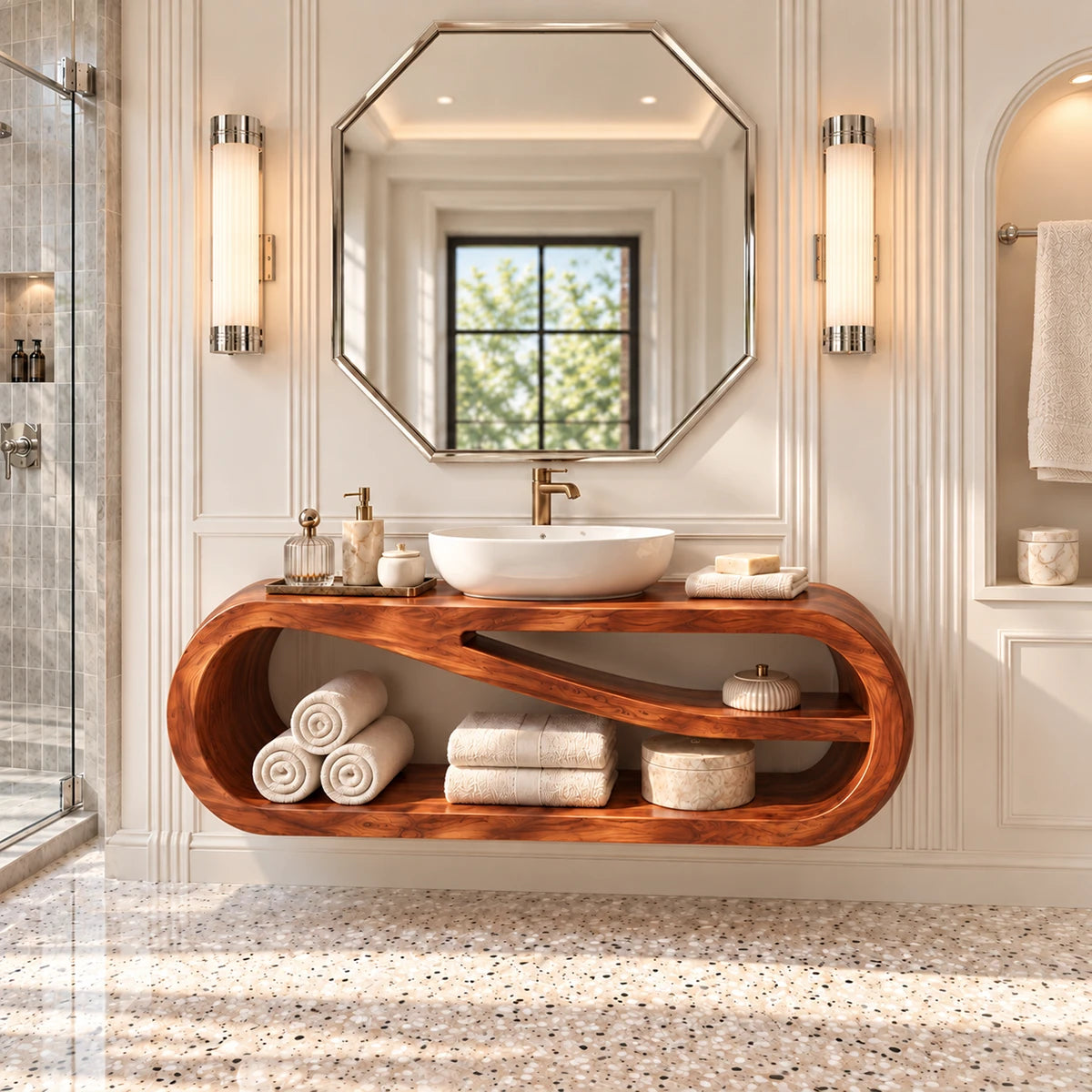 High end bath cabinet in natural solid wood with sculpted waterfall sides profile