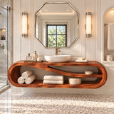 Custom bathroom vanity in natural solid wood with rounded edges and open tiers style