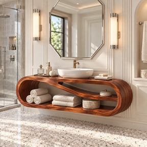 Sculptural floating bathroom vanity in natural solid wood with open shelf storage