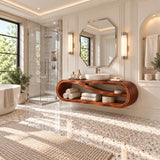 Curved wall mounted vanity cabinet in natural solid wood with airy open storage design