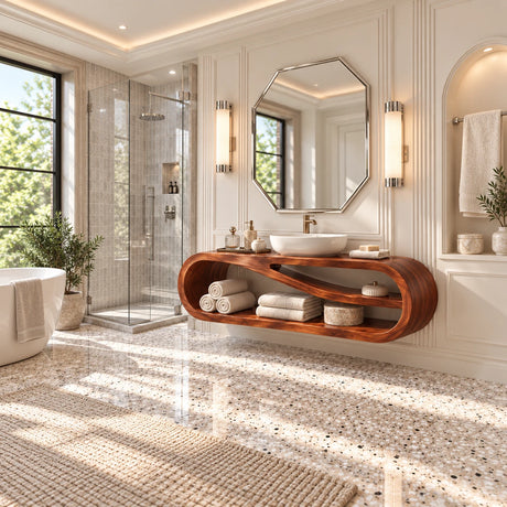 Curved wall mounted vanity cabinet in natural solid wood with airy open storage design