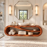 Designer bathroom vanity in natural solid wood with bold rounded frame silhouette
