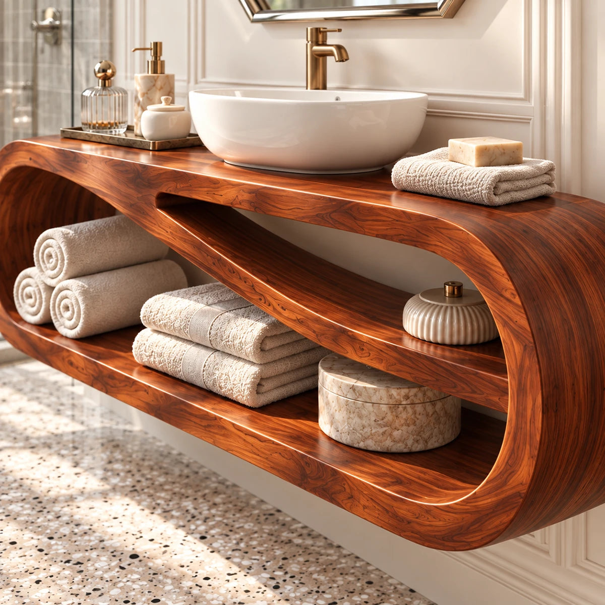 Modern bath vanity cabinet in natural solid wood with sculptural loop profile design