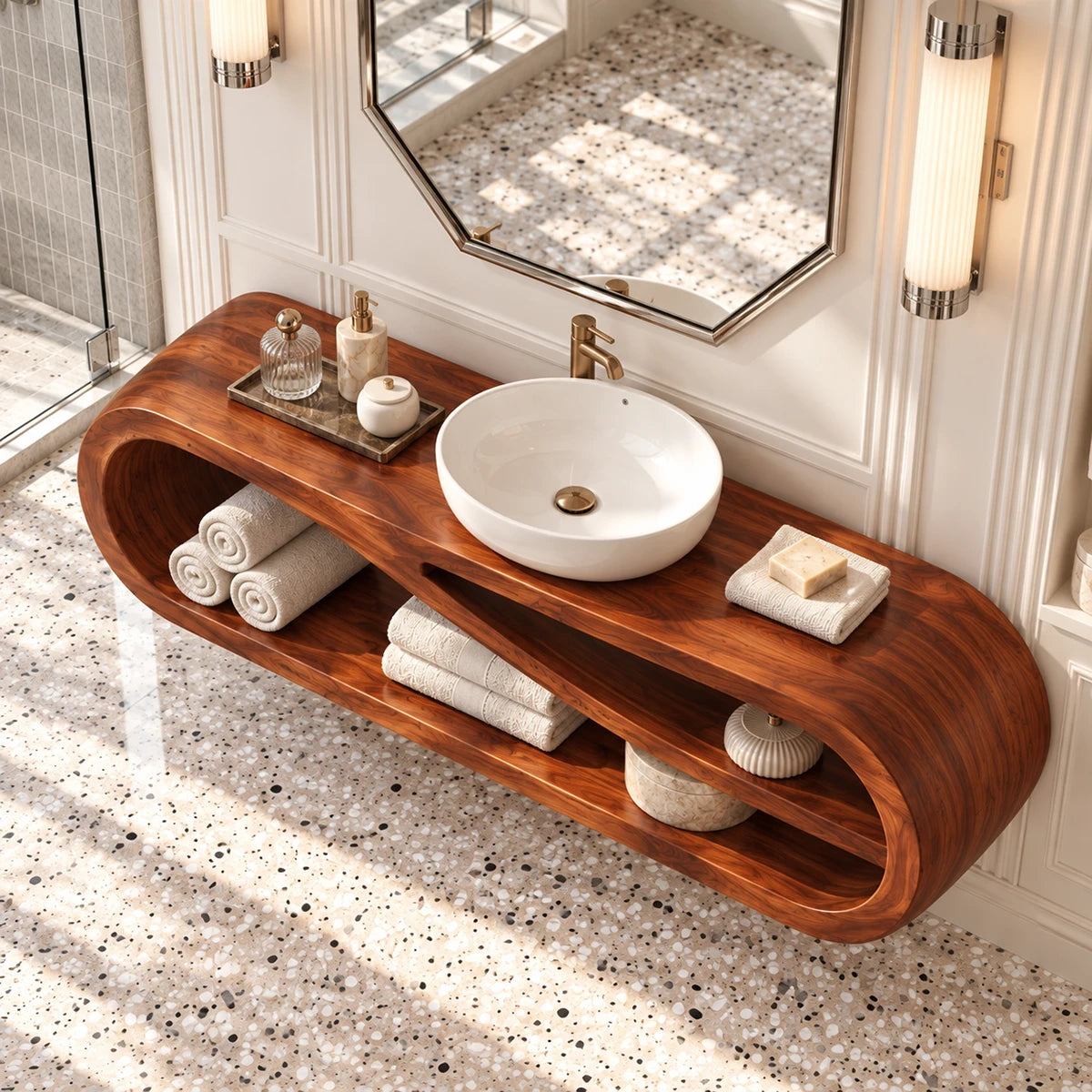 Open shelf bathroom vanity in natural solid wood with a sleek floating presence style