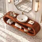 Open shelf bathroom vanity in natural solid wood with a sleek floating presence style