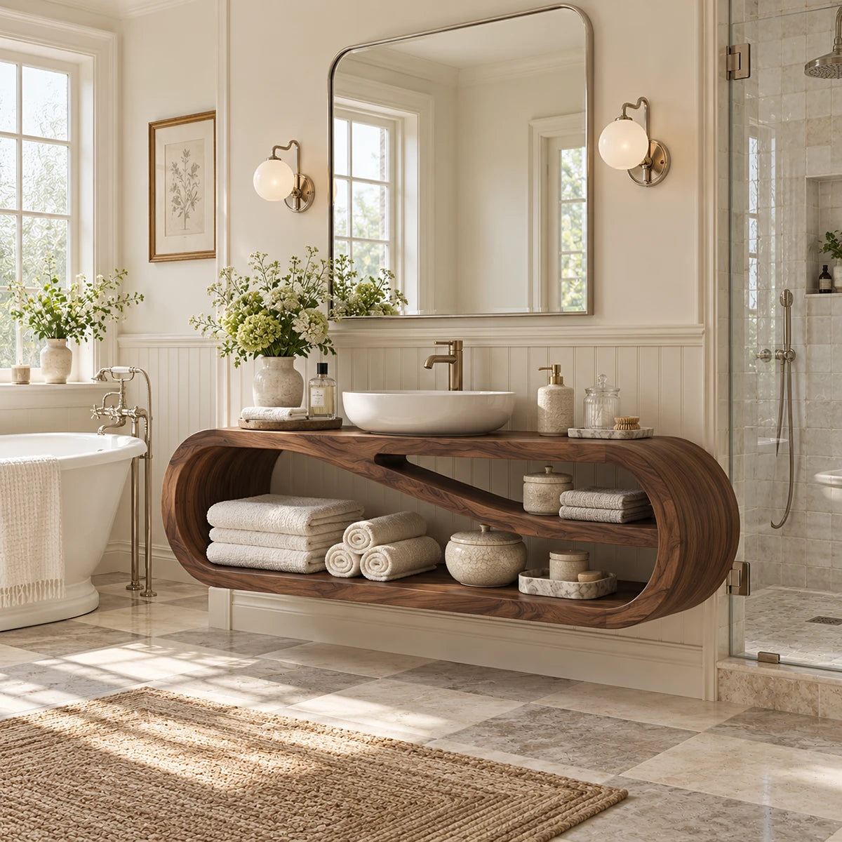 Luxury vanity unit in natural solid wood with curved ends and open storage layout