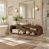 Luxury vanity unit in natural solid wood with curved ends and open storage layout