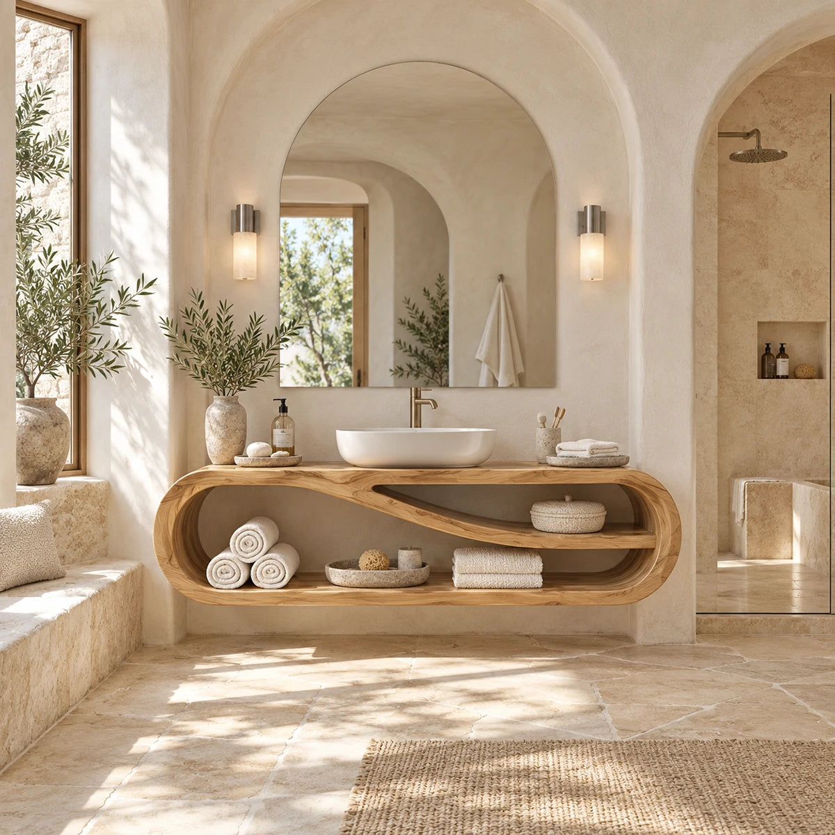 Contemporary bathroom cabinet in natural solid wood with an oval loop form design