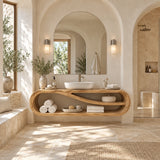 Contemporary bathroom cabinet in natural solid wood with an oval loop form design