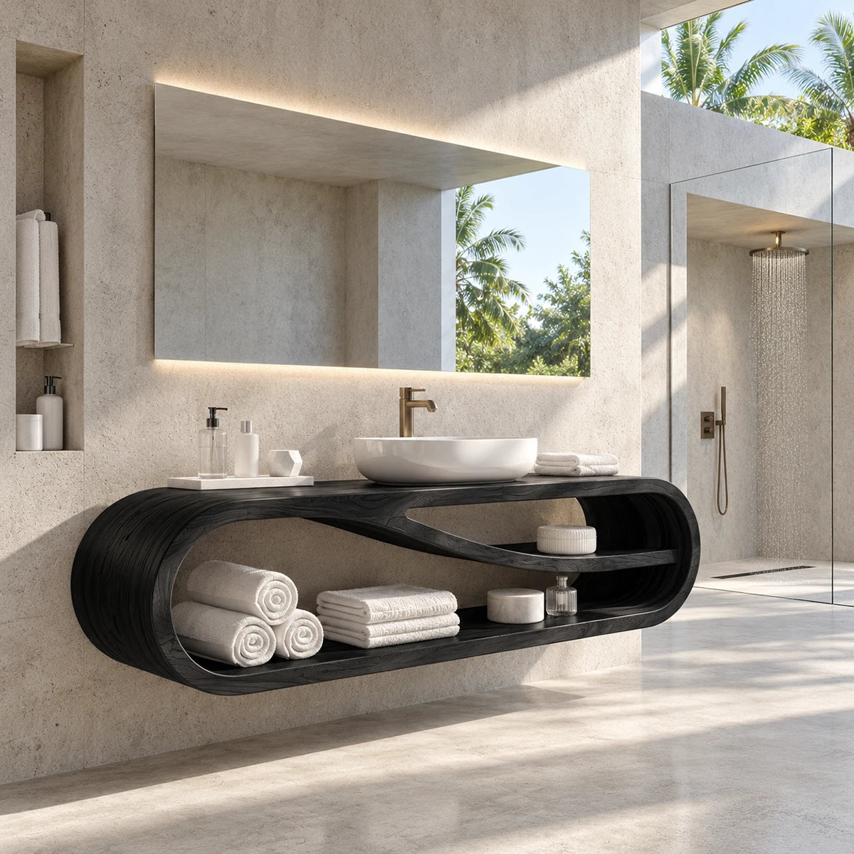 Statement bath vanity in natural solid wood with rounded architecture and storage