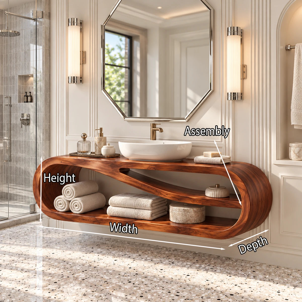 Organic modern vanity cabinet in natural solid wood with flowing curved lines detail
