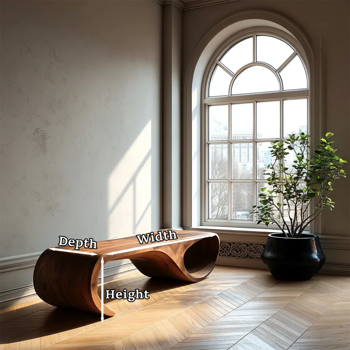 Decorative sculptural bench designed with continuous curved body and smooth walnut tone finish