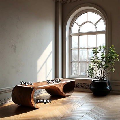 Decorative sculptural bench designed with continuous curved body and smooth walnut tone finish