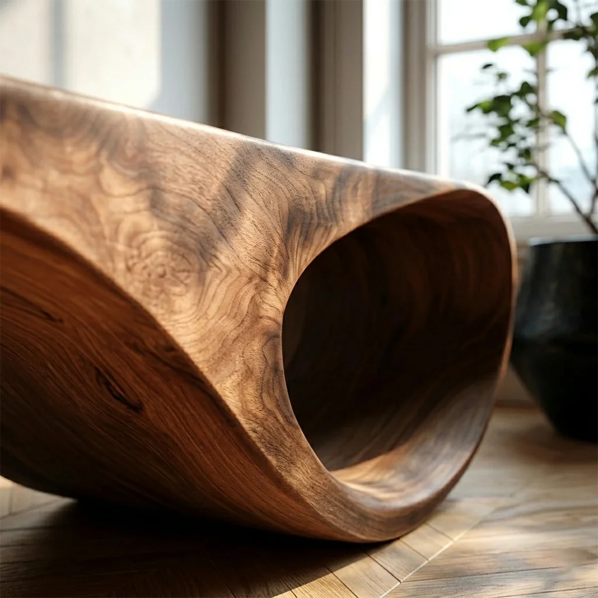Contemporary sculptural seating bench designed with looped base and warm walnut tone finish detail