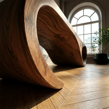 Elegant entryway bench showcasing hollow curved structure and sleek walnut tone finish surface