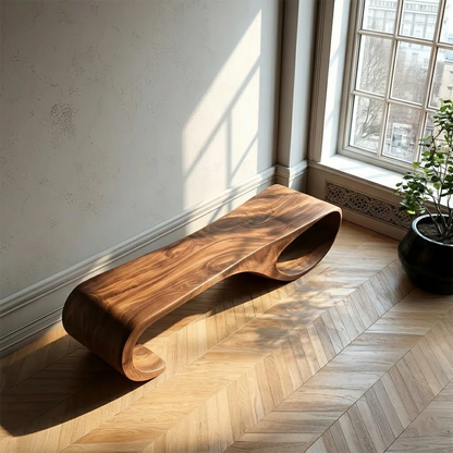 Minimalist hallway bench displaying artistic loop form and polished walnut tone finish seating design