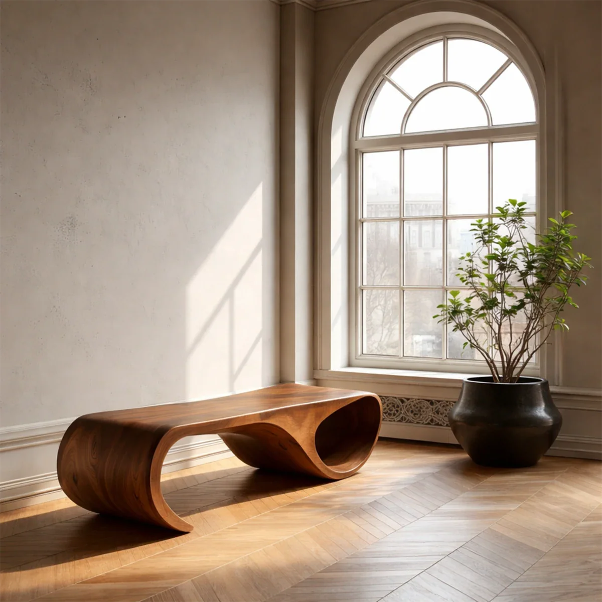 Japandi style sculptural bench featuring fluid continuous base and brown tone finish detail