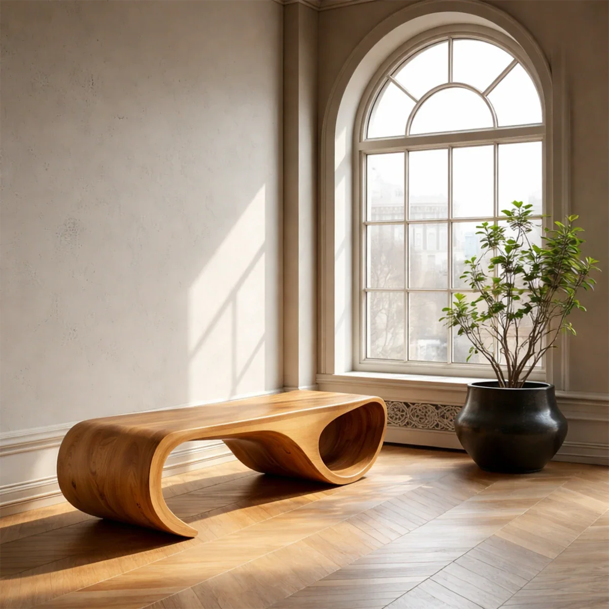 Architectural loop bench designed with bold curved geometry and smooth oak tone finish