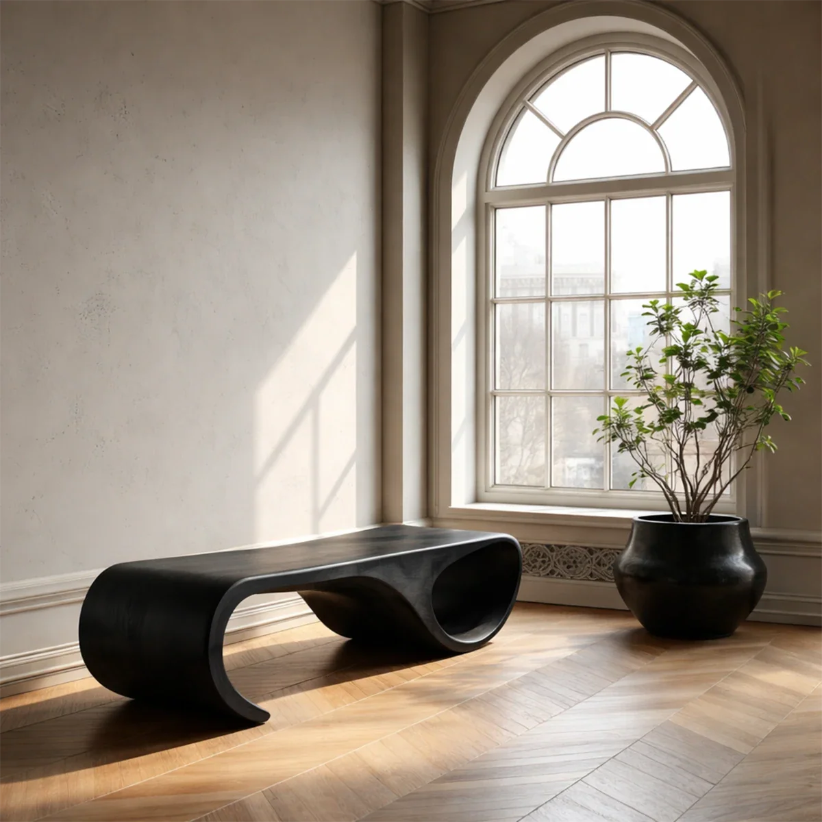 Statement hallway seating bench featuring sculpted hollow base and rich black tone finish