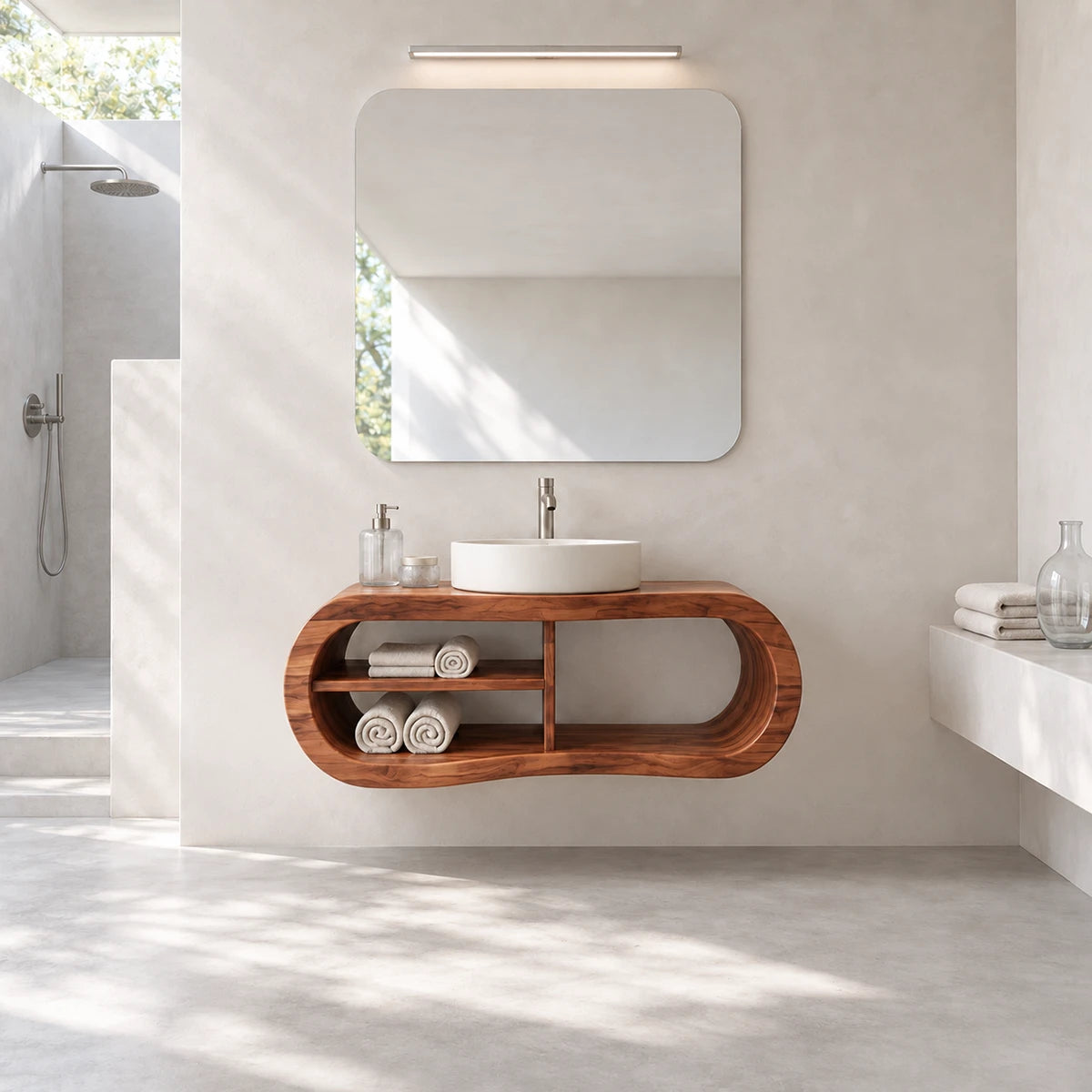 Space saving vanity in natural solid wood with wall mounted design and open storage