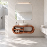Space saving vanity in natural solid wood with wall mounted design and open storage