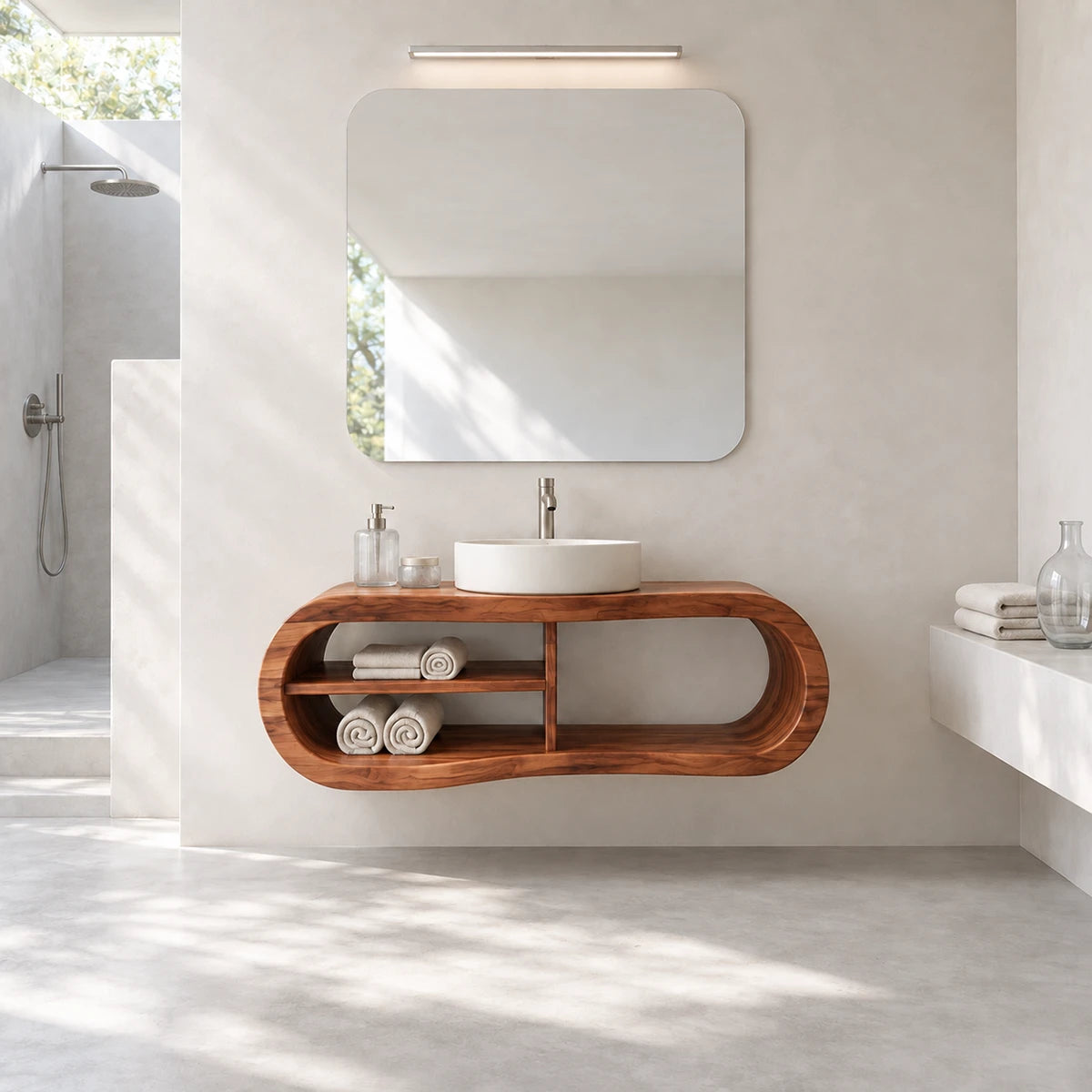 Sculptural bath vanity in natural solid wood with vessel sink and open shelving below