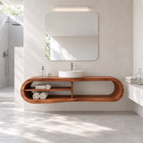 Luxury vanity console in natural solid wood with curved ends and vessel basin top