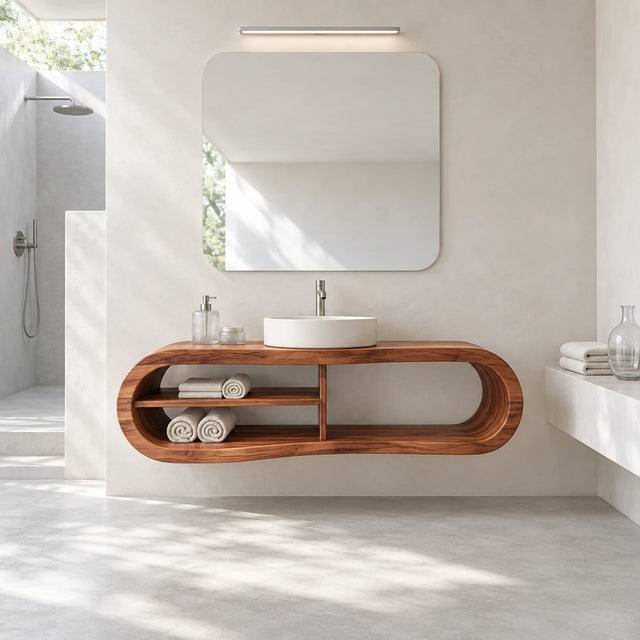 Floating bathroom vanity in natural solid wood with vessel sink and open shelf design