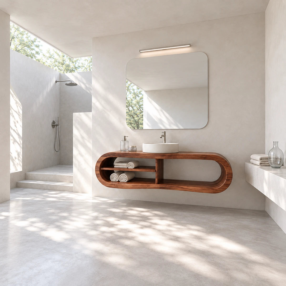 Wall mounted vanity in natural solid wood with curved frame and open storage style