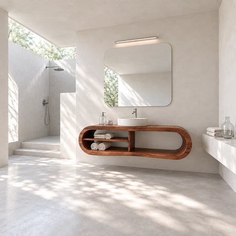 Wall mounted vanity in natural solid wood with curved frame and open storage style