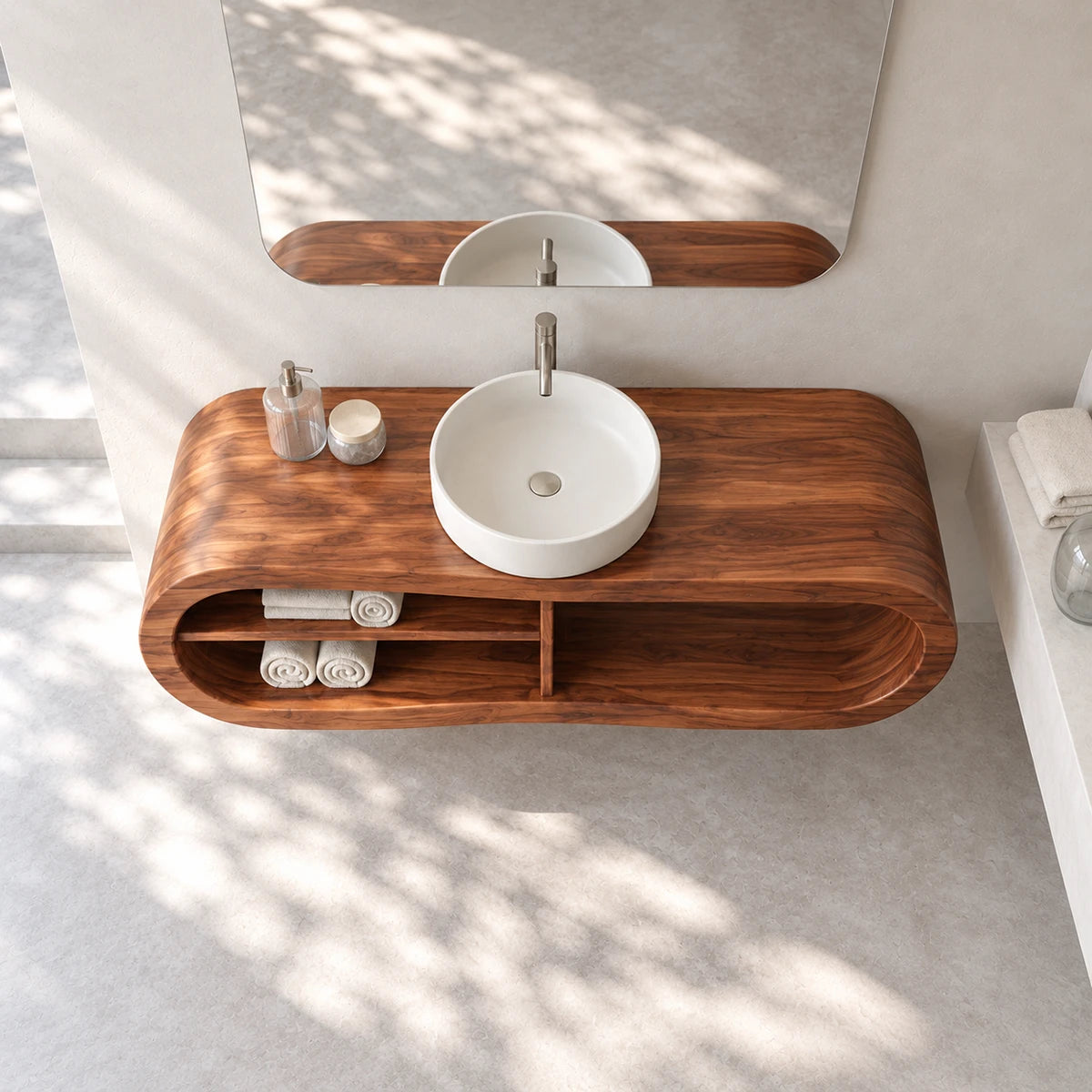Single sink vanity in natural solid wood with floating form and open towel shelf