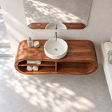 Single sink vanity in natural solid wood with floating form and open towel shelf