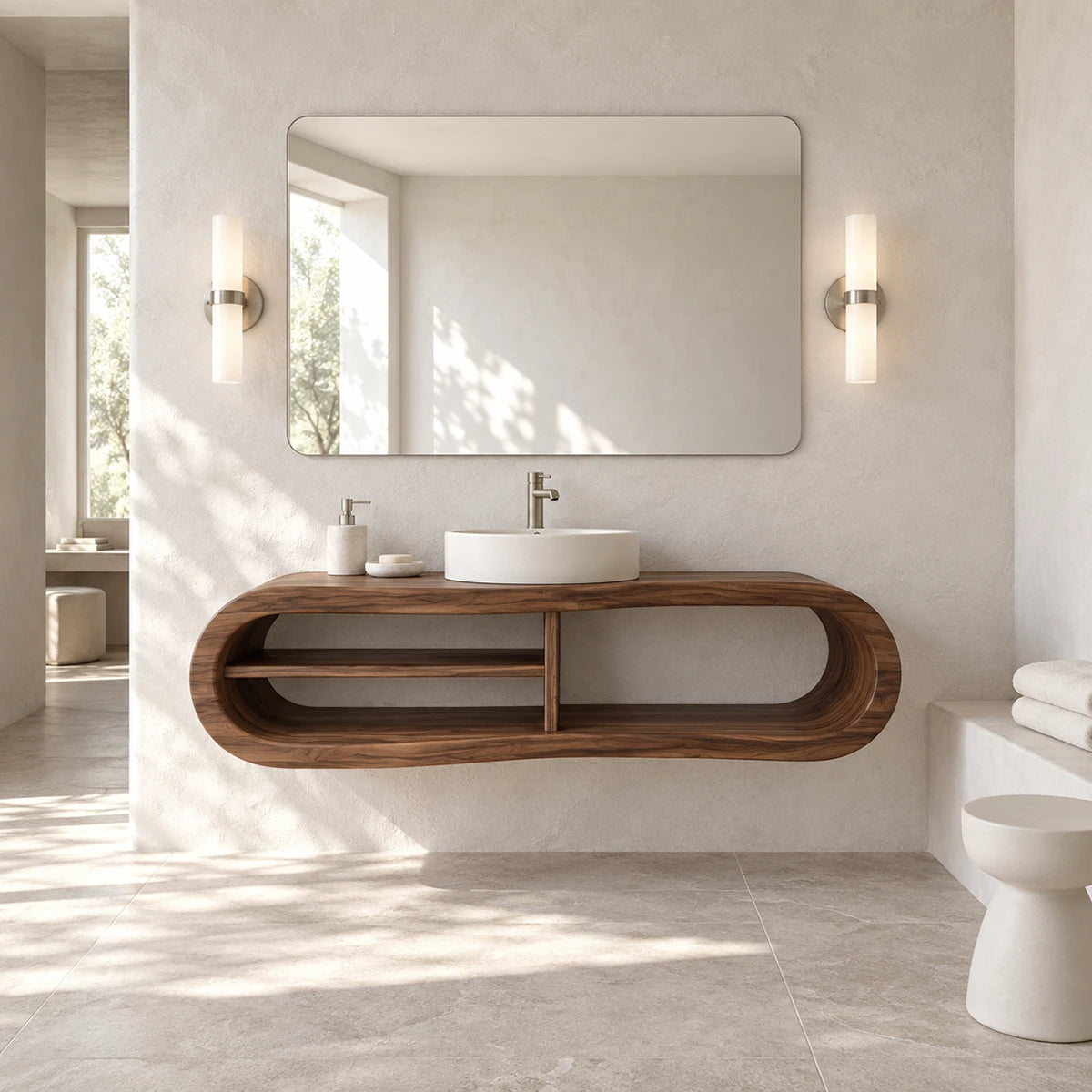 Contemporary vanity unit in natural solid wood with vessel basin and airy shelf below