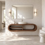 Contemporary vanity unit in natural solid wood with vessel basin and airy shelf below