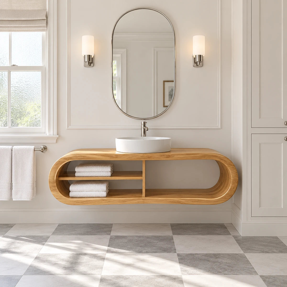 Minimalist vanity cabinet in natural solid wood with open cubbies and vessel sink