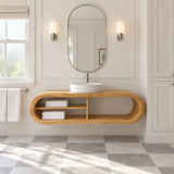 Minimalist vanity cabinet in natural solid wood with open cubbies and vessel sink