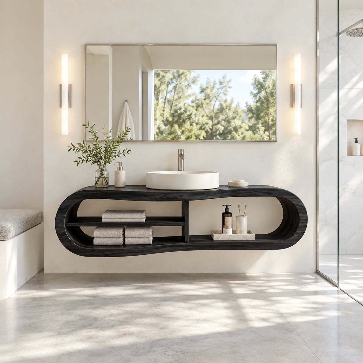 Vessel sink bathroom vanity in natural solid wood with sculptural loop sides design