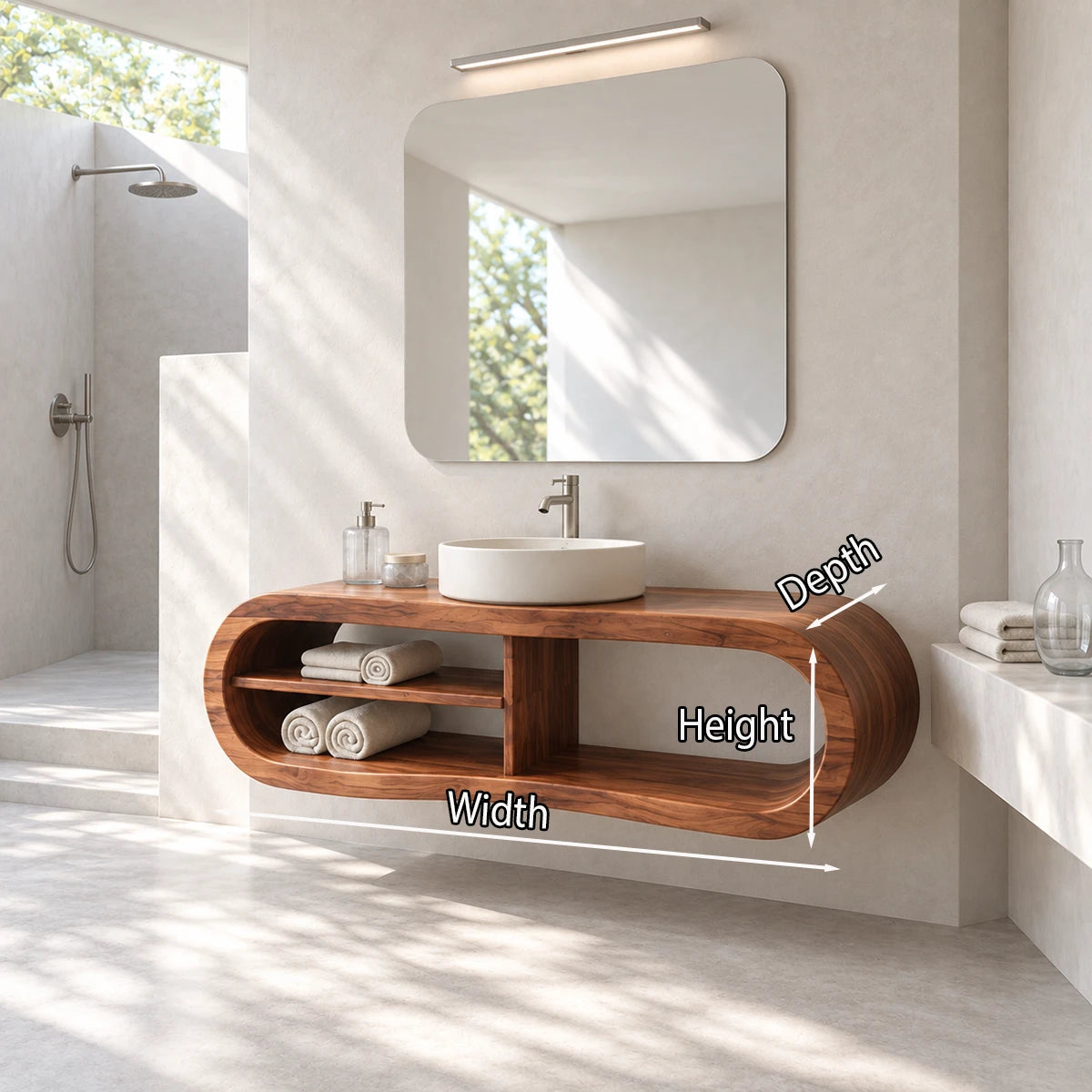 Designer bathroom vanity in natural solid wood with rounded frame and open shelf