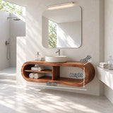 Designer bathroom vanity in natural solid wood with rounded frame and open shelf