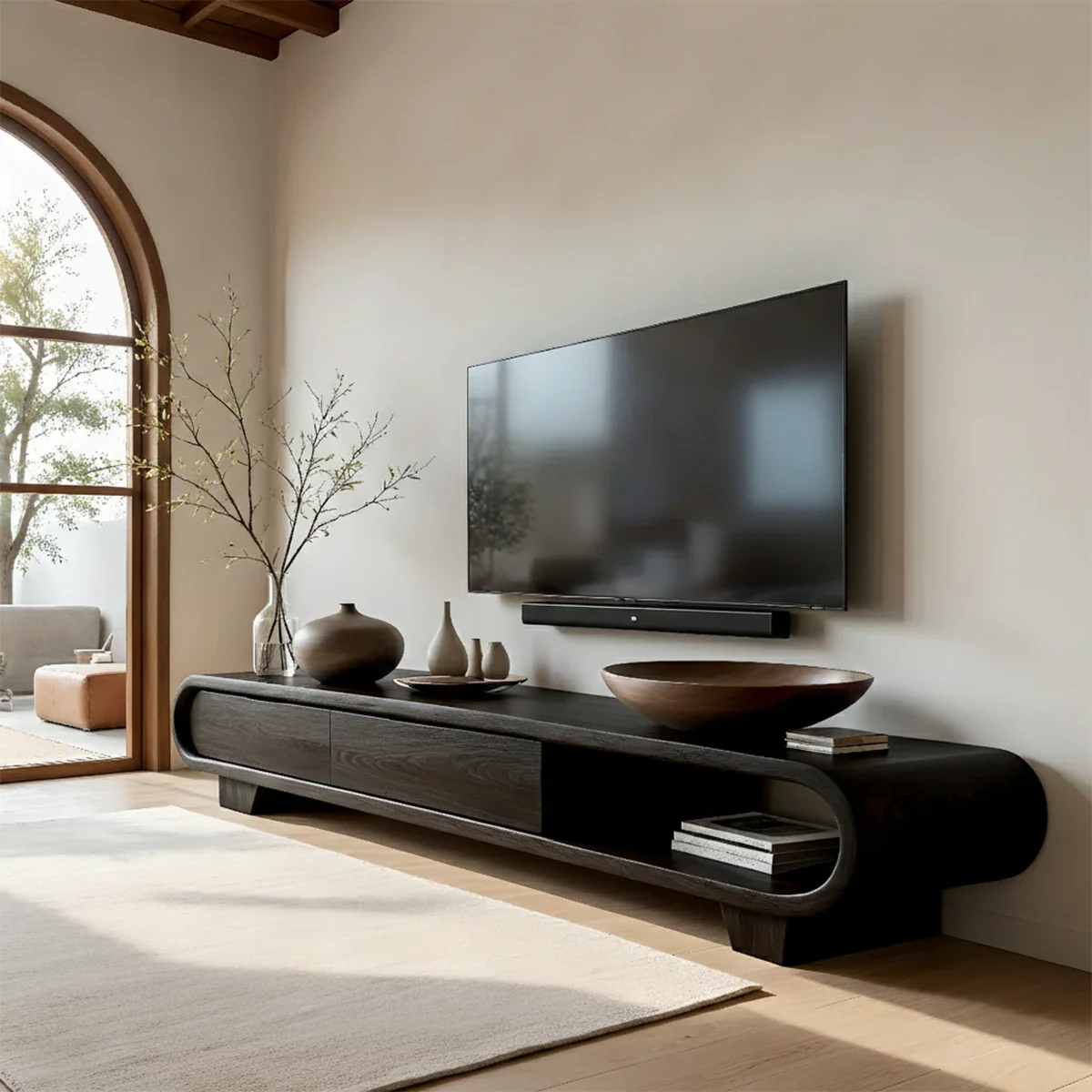 The black style TV stand blends curved structure and practical shelf space in a calm setting