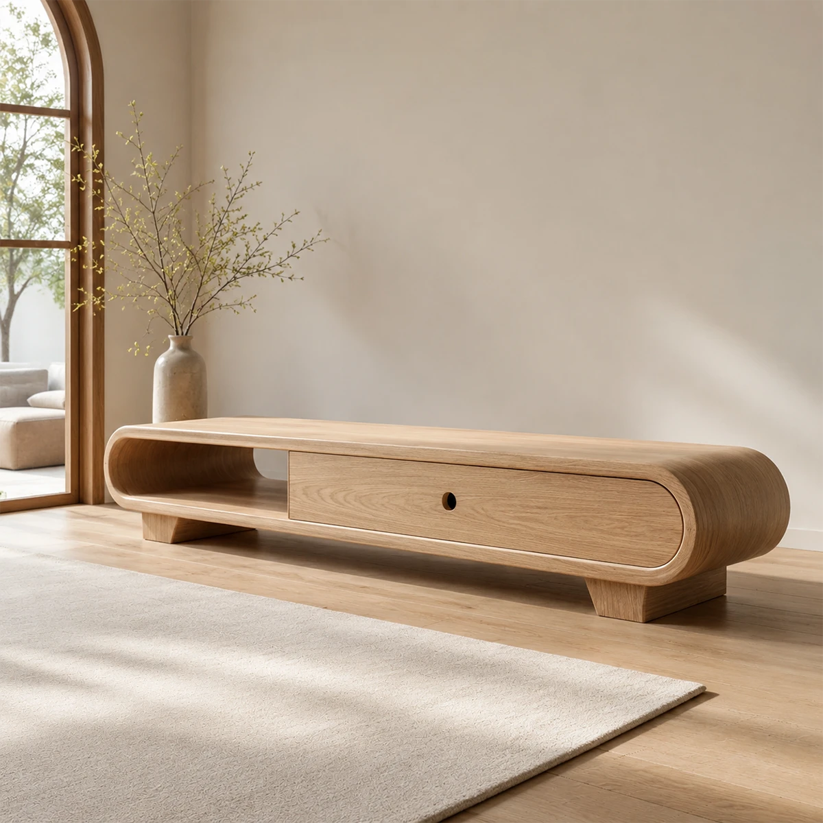 Solid Wood TV Stand with Low Profile Design and Rounded End Frame