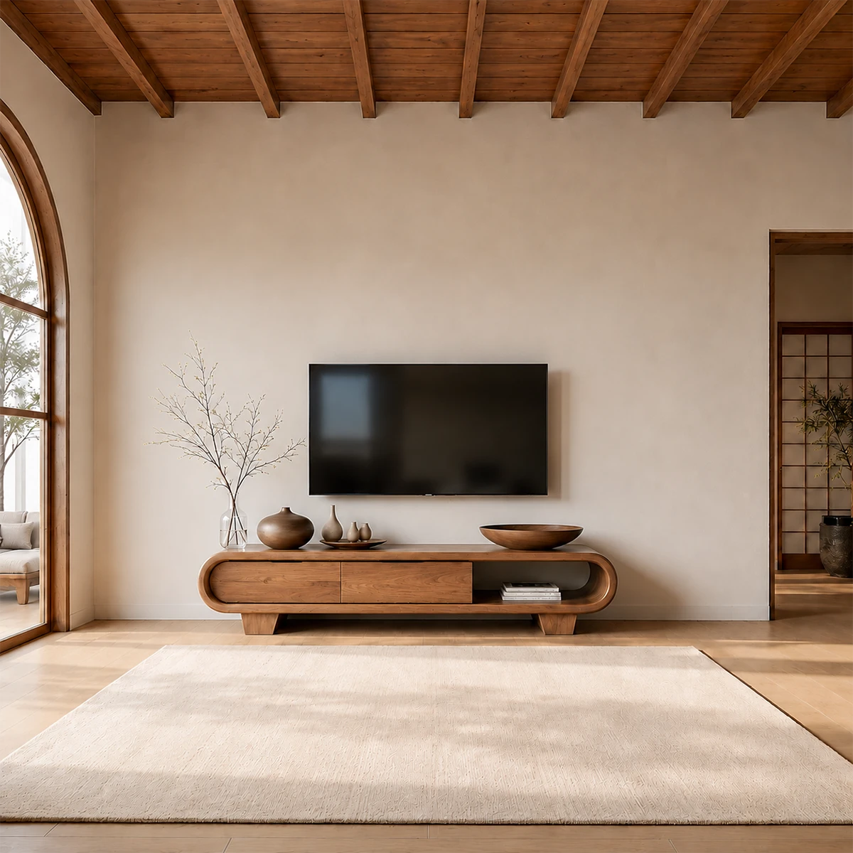Solid Wood TV Stand with Low Profile Design and Rounded End Frame