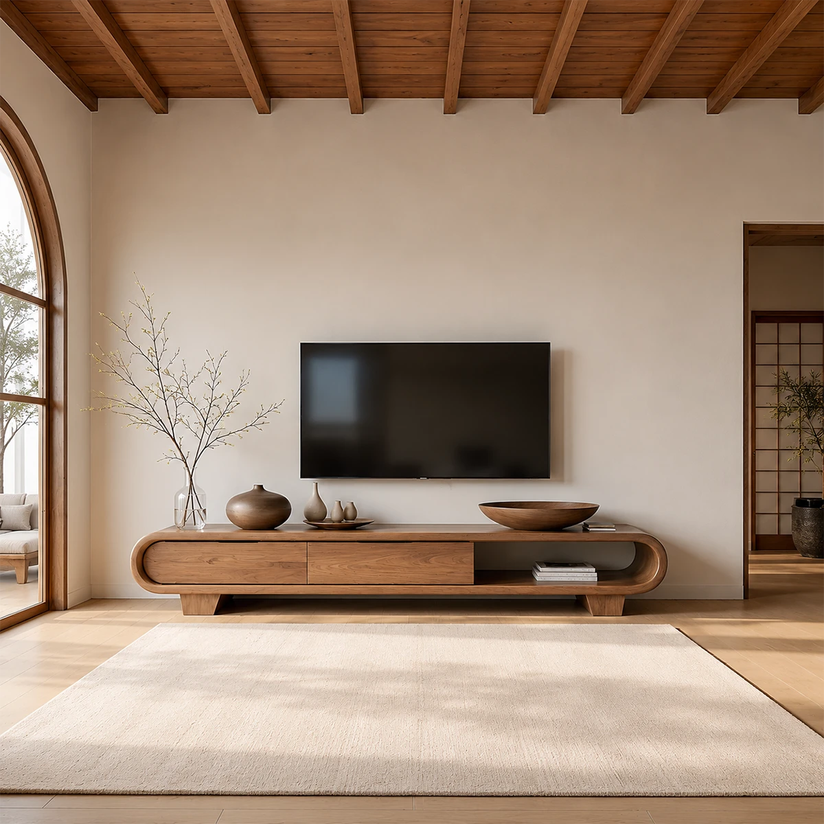 Solid Wood TV Stand with Low Profile Design and Rounded End Frame