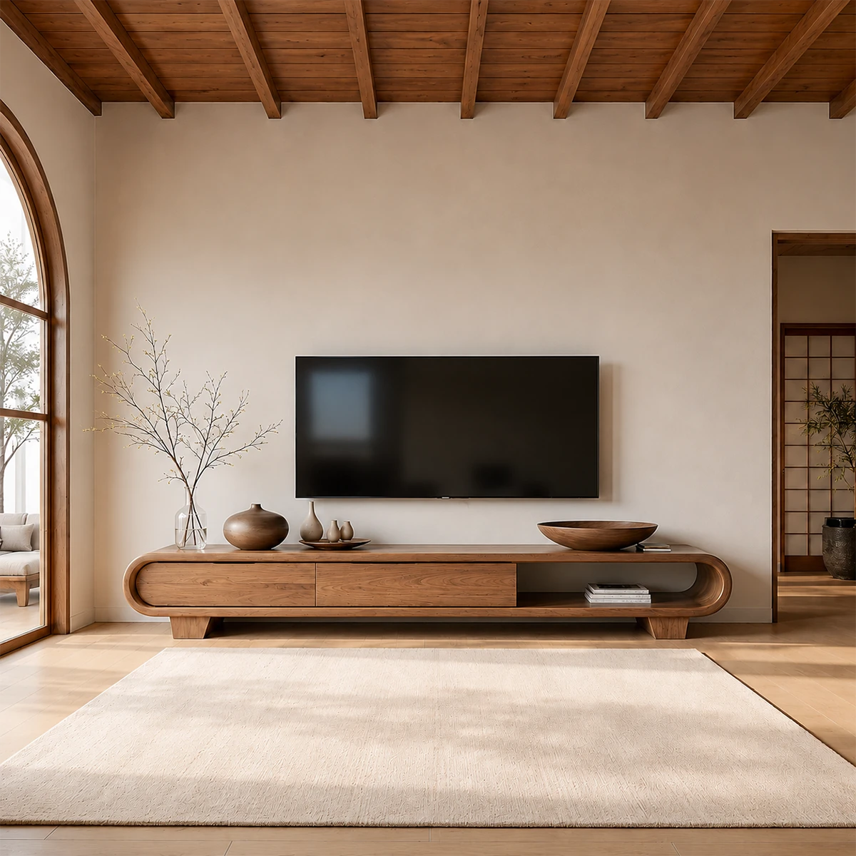 Solid Wood TV Stand with Low Profile Design and Rounded End Frame