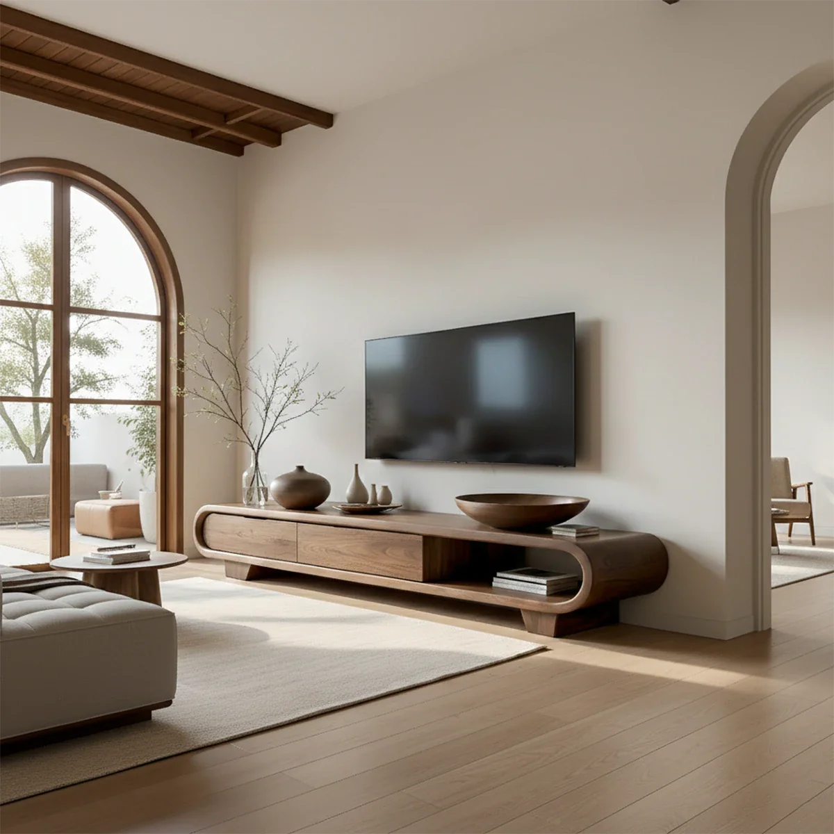 This walnut style TV stand showcases seamless edges and open storage in a bright interior