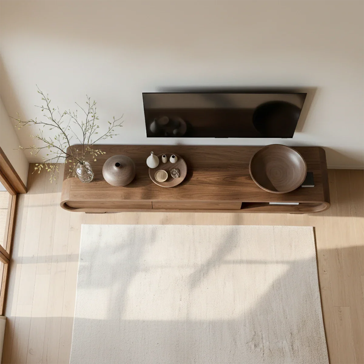 In a warm interior, the walnut style TV stand highlights a smooth surface and subtle grain